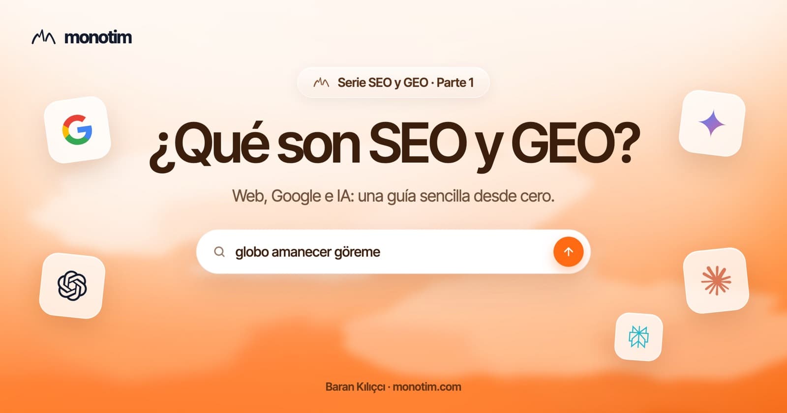 ¿Qué son SEO y GEO? Un esquema de tres pasos con una web, una búsqueda en Google y una recomendación de IA