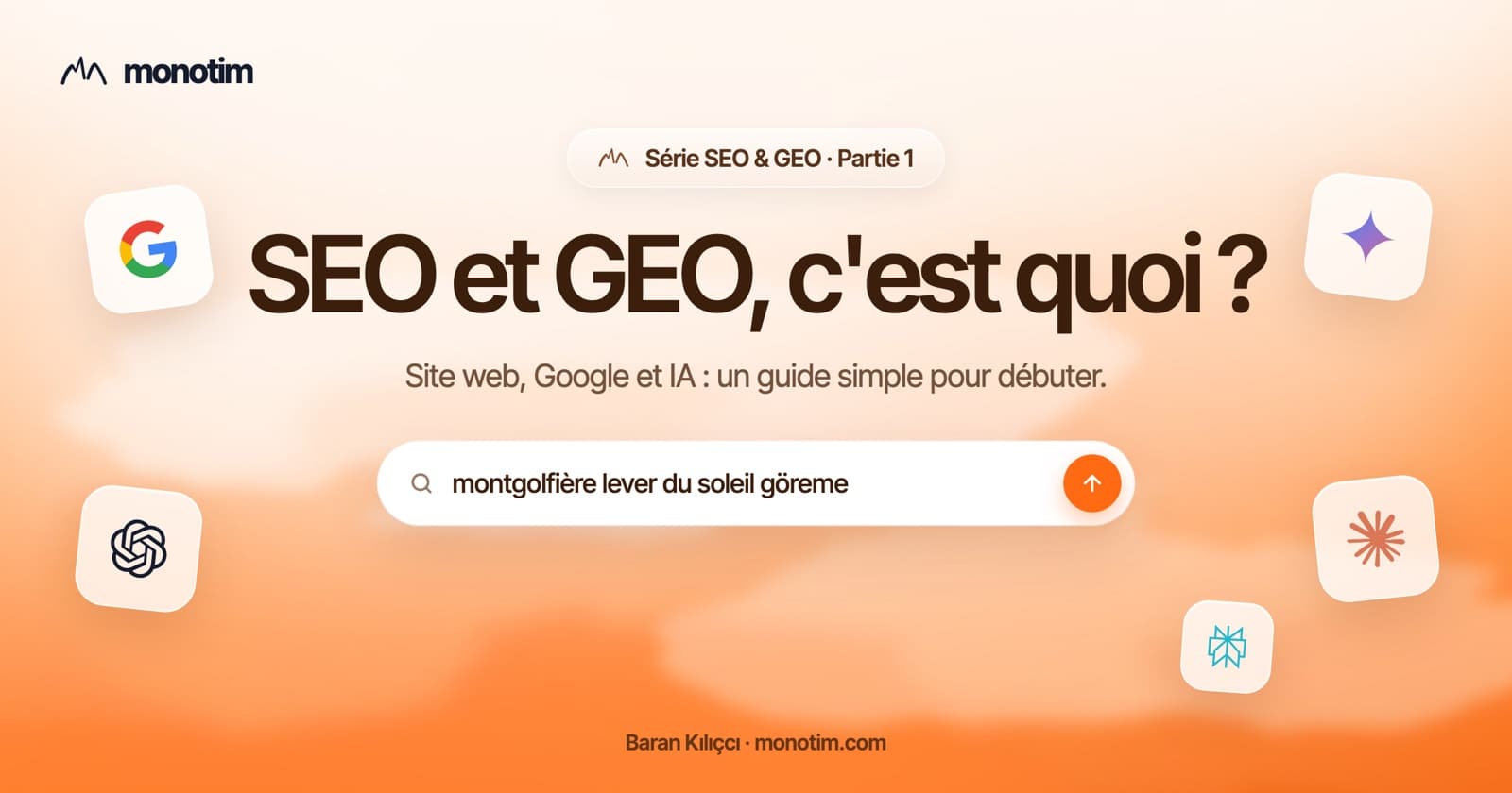 Qu'est-ce que le SEO et le GEO ? Un schéma en trois étapes : site web, recherche Google et recommandation d'une IA