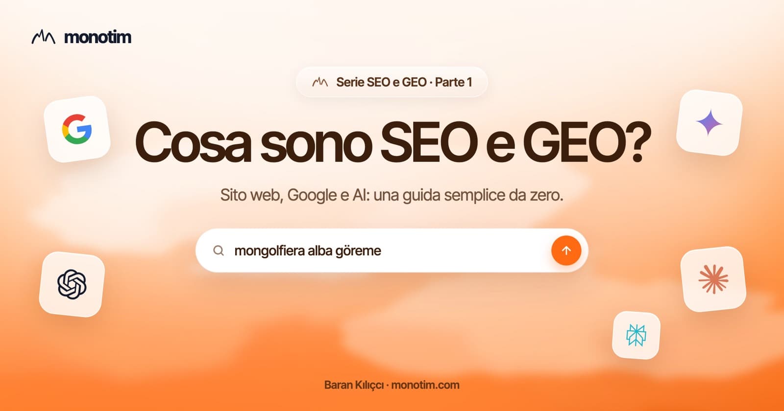 Cosa sono SEO e GEO? Uno schema in tre passaggi con un sito web, una ricerca su Google e una raccomandazione dell'AI