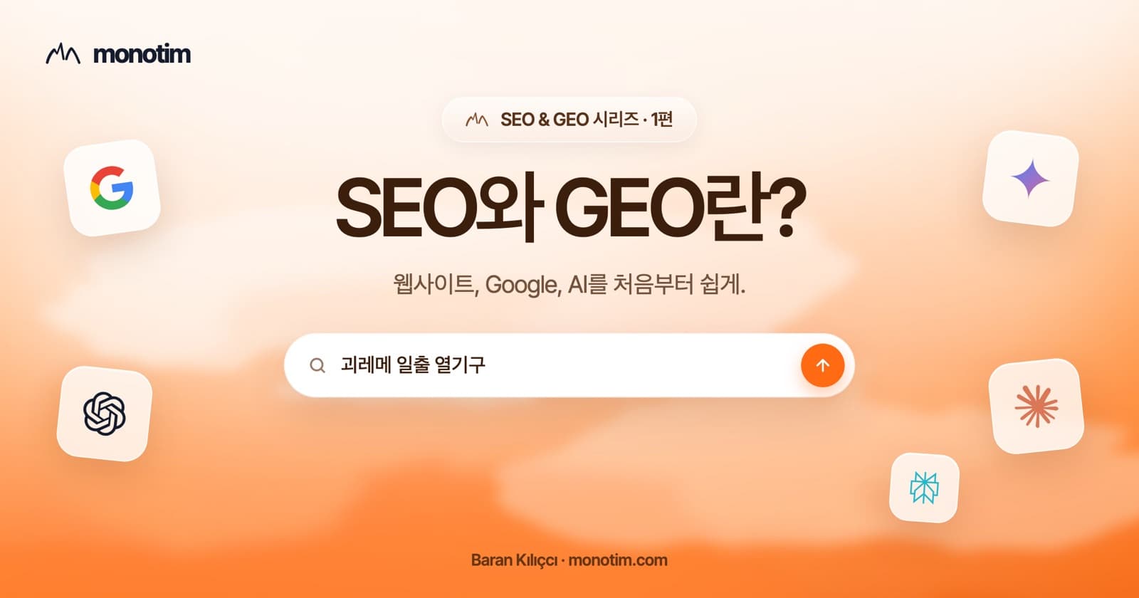SEO와 GEO란? 웹사이트, Google 검색, AI 추천을 보여 주는 3단계 그림