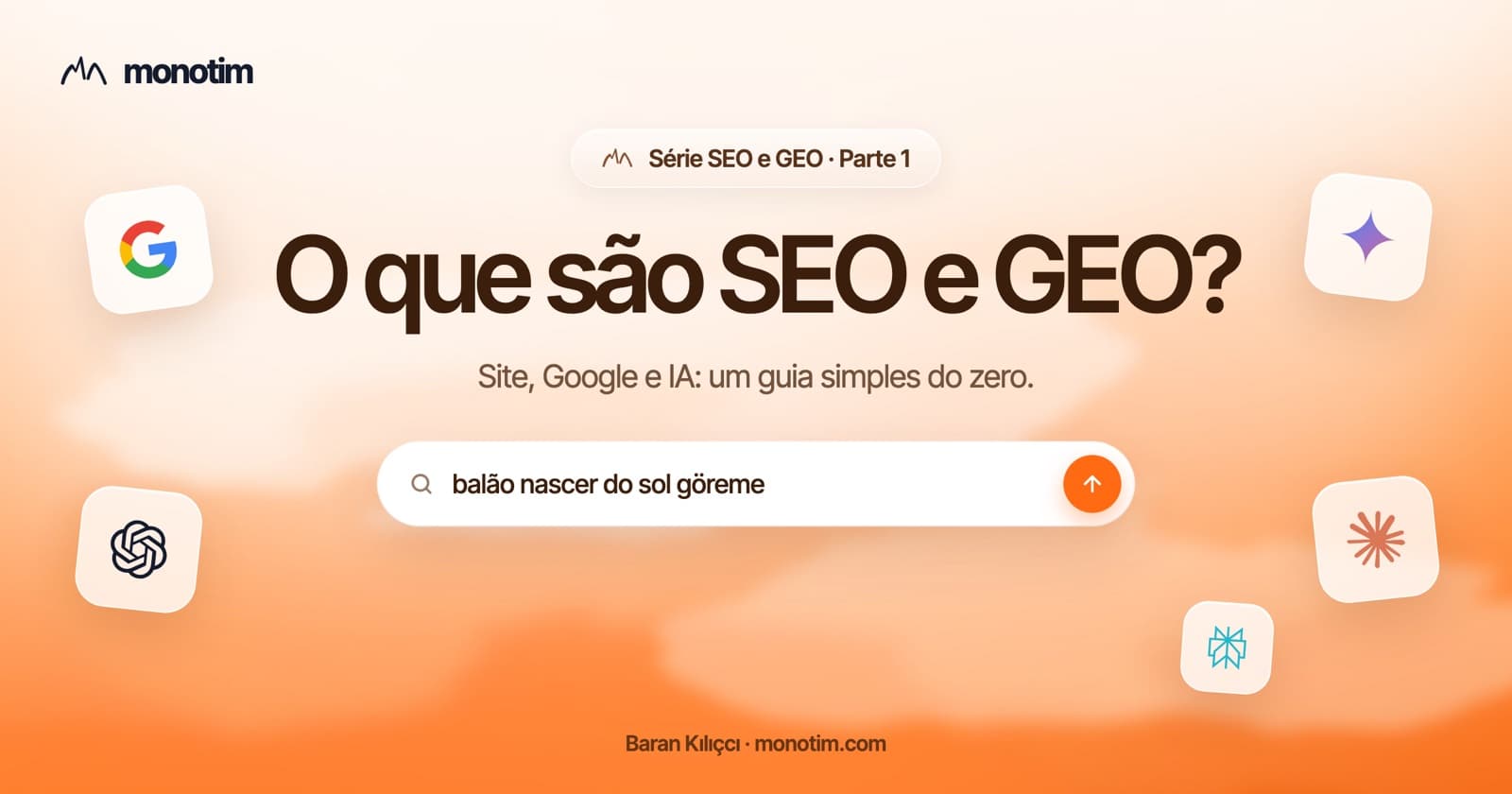 O que são SEO e GEO? Um esquema em três etapas com um site, uma pesquisa no Google e uma recomendação de IA
