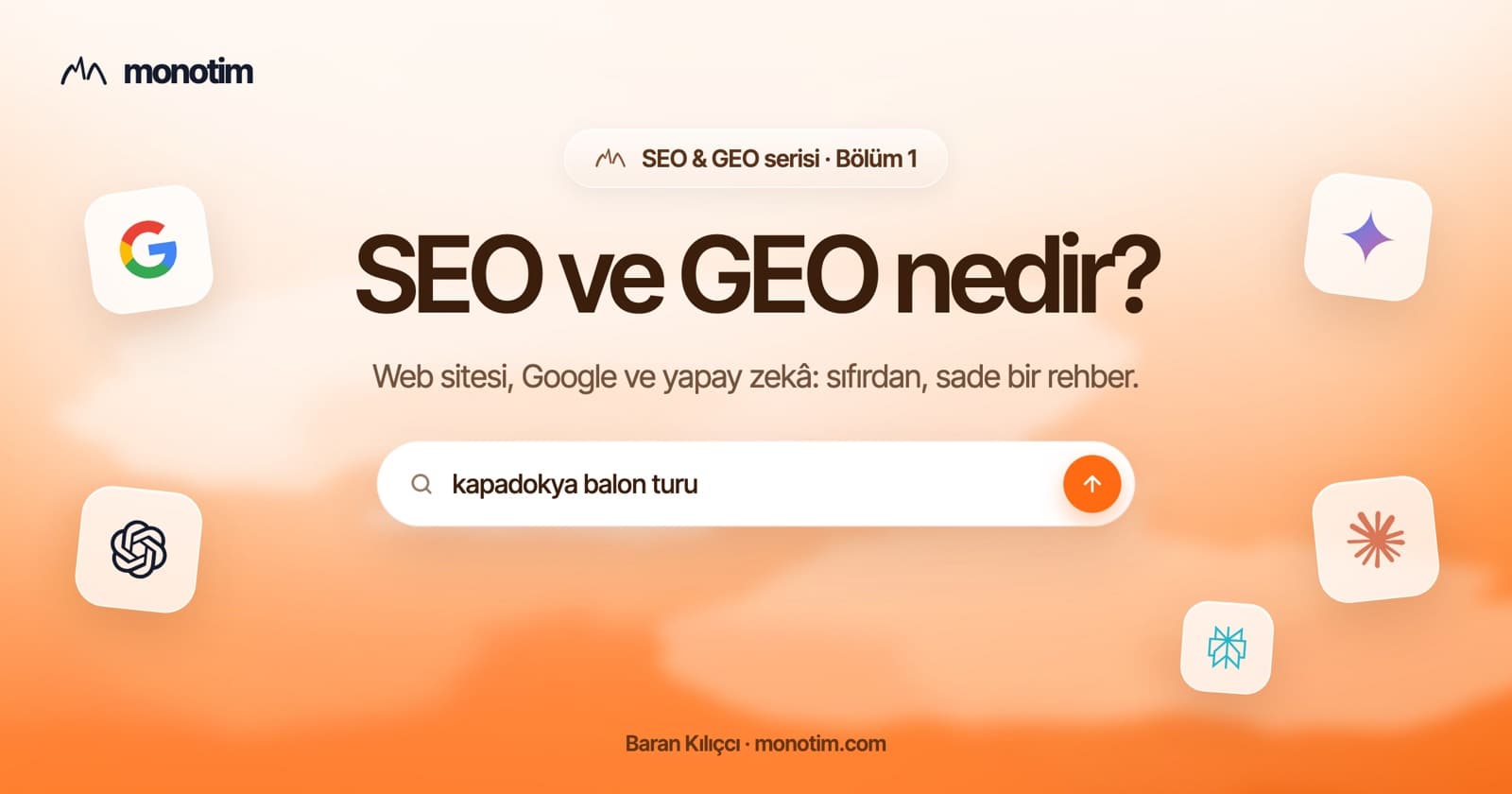 SEO ve GEO nedir? Web sitesi, Google araması ve yapay zekâ önerisini gösteren üç adımlı şema