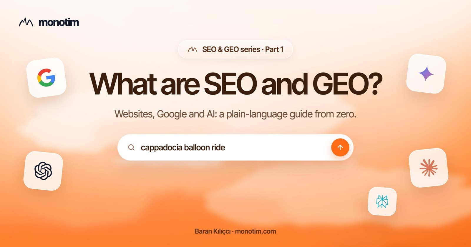 What are SEO and GEO? A three-step diagram showing a website, a Google search and an AI recommendation